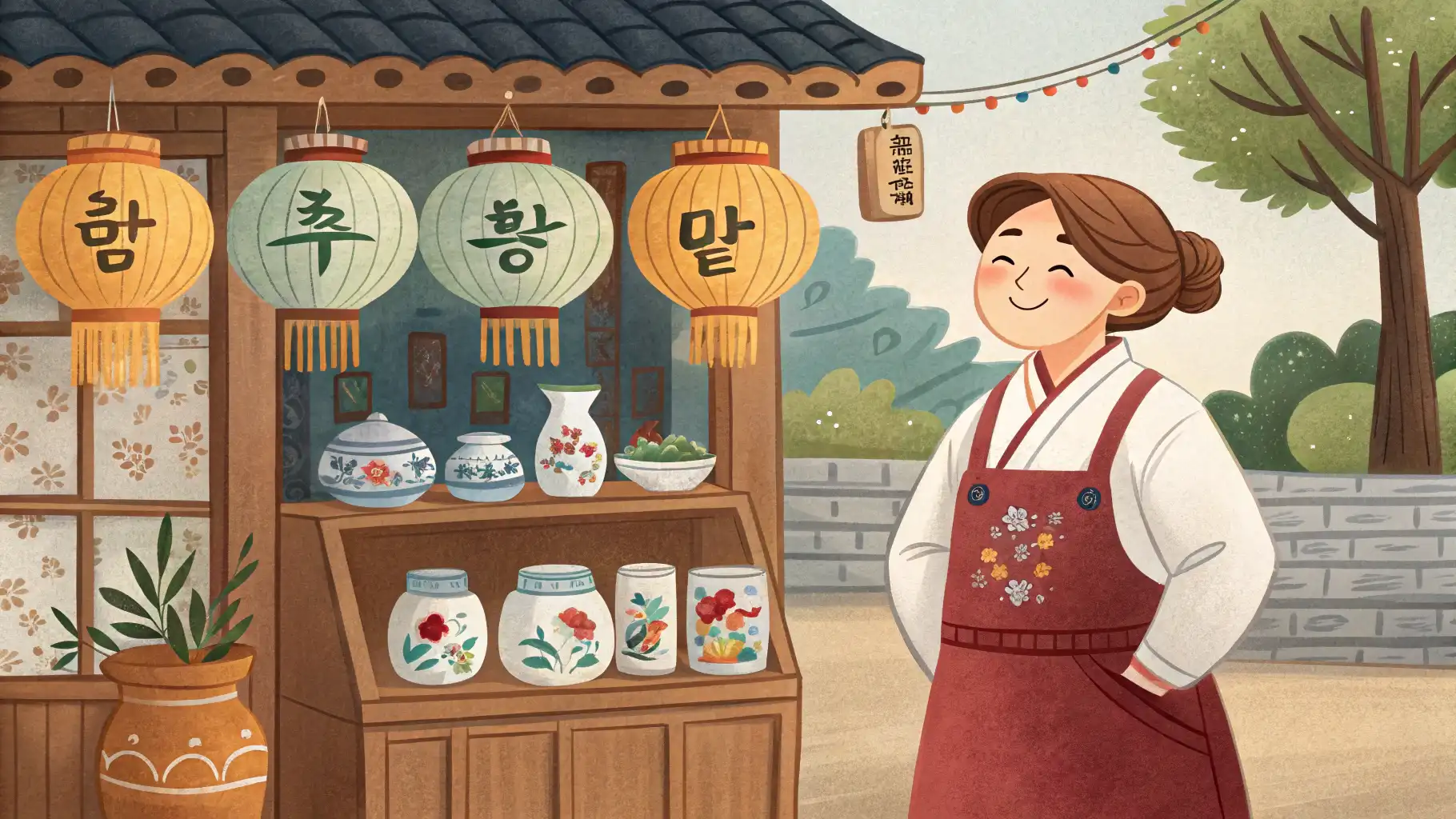 전통 공예품점 직원이 영어로 인사하는 모습과 영어 학습을 상징하는 이미지.