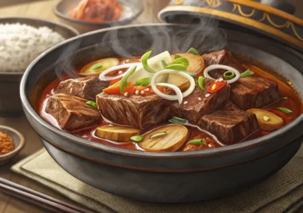 맛있어 보이는 한국 찜 요리와 영어 학습을 상징하는 아이콘 이미지.