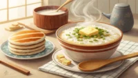 따뜻한 죽 한 그릇 옆에 영어 단어 카드가 놓여 있어 '죽'의 영어 표현 학습을 나타내는 이미지