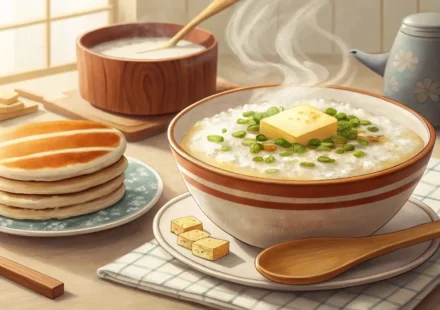 따뜻한 죽 한 그릇 옆에 영어 단어 카드가 놓여 있어 '죽'의 영어 표현 학습을 나타내는 이미지