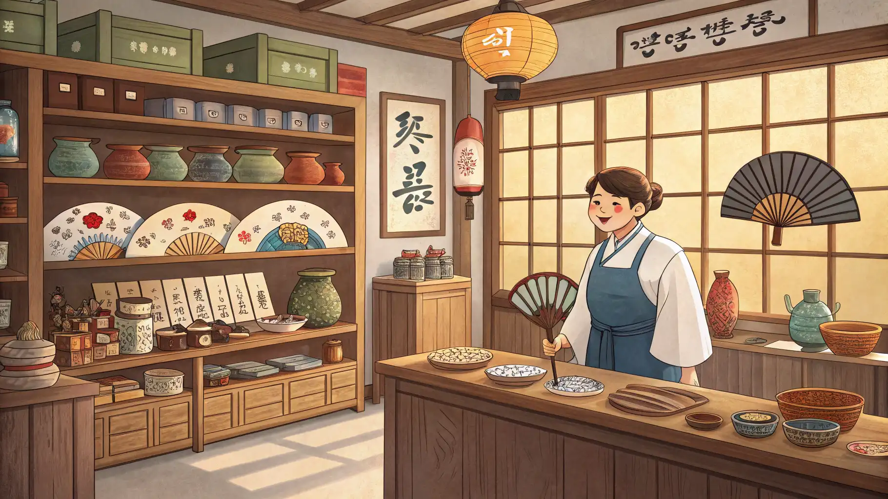 한국 기념품 가게 안에서 점원이 외국인 손님에게 상품에 대해 영어로 설명하며 응대하고 있는 모습.