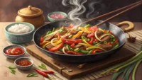 맛있는 한국 볶음 요리를 영어로 표현하는 방법을 배우는 것을 상징하는 이미지