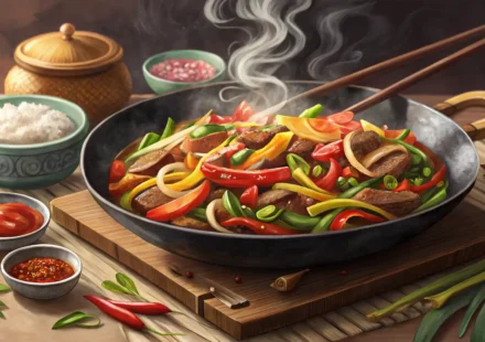 맛있는 한국 볶음 요리를 영어로 표현하는 방법을 배우는 것을 상징하는 이미지