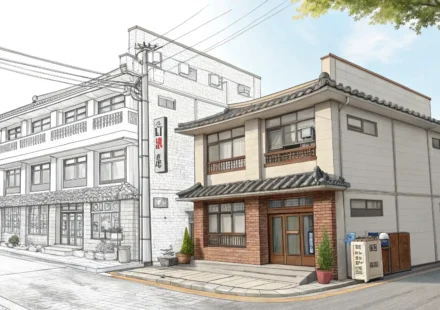 한국식 빌라 건물과 서양식 고급 빌라 저택이 나란히 비교되고 가운데 물음표 아이콘이 있는 이미지, 한국식 빌라를 영어로 설명하는 방법을 알려주는 콘텐츠임을 나타냄.
