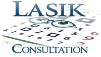 라식 관련 필수 영어 표현: 시력 검사표 위에 'LASIK', 'Consultation' 등 영어 단어가 적혀 있는 교육용 일러스트