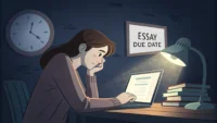 늦은 밤 노트북으로 에세이를 보며 걱정하는 학생과 'Can you proofread this?' 등 영어 교정 요청 표현이 담긴 말풍선 이미지.