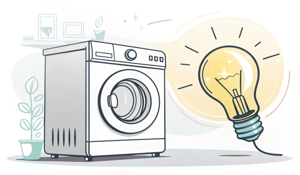 세탁기와 전구 아이콘 이미지, 빨래 관련 영어 표현 학습을 상징함