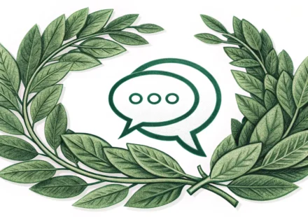 월계관 아이콘과 영어 학습을 상징하는 말풍선 아이콘이 함께 있는 이미지, '월계수' 관련 영어 표현 배우기.