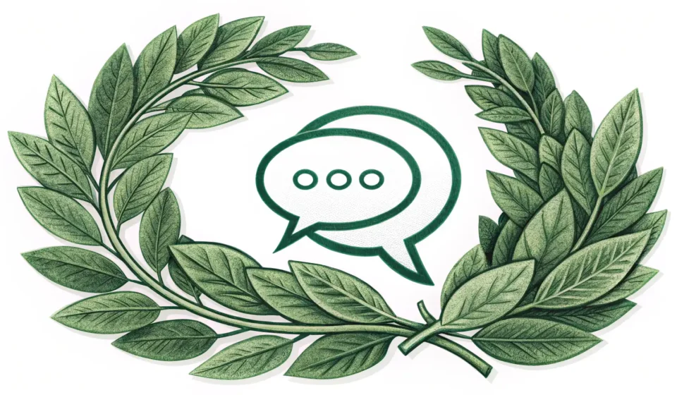 월계관 아이콘과 영어 학습을 상징하는 말풍선 아이콘이 함께 있는 이미지, '월계수' 관련 영어 표현 배우기.