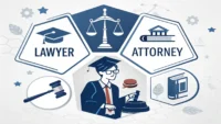 '변호사 영어로?'라는 한글 텍스트와 함께 'Lawyer', 'Attorney' 영어 단어, 법봉, 정의의 저울 아이콘이 있는 영어 학습 썸네일 이미지.
