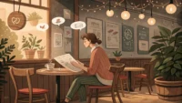 카페 테이블에 혼자 앉아 메뉴를 보는 사람과 '오늘의 특별 메뉴?', '주문할게요' 같은 영어 표현 말풍선이 떠 있는 일러스트