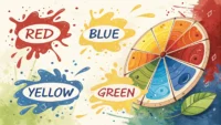 다양한 색깔이 섞인 팔레트와 함께 'Red', 'Blue' 등 영어 색깔 단어가 떠 있는 이미지 - 영어 색깔 표현 학습 컨셉
