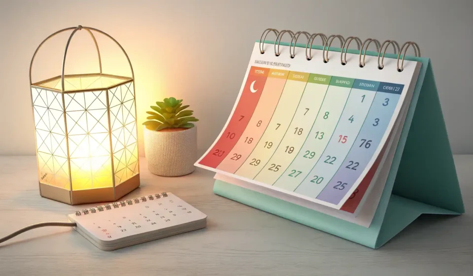 영어로 1월부터 12월까지 월 이름을 배우는 것을 상징하는 다채로운 달력과 밝은 전구 아이콘.