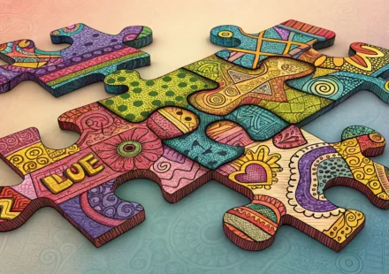 영어 문장 패턴 학습을 상징하는 다채로운 퍼즐 조각과 말풍선 아이콘 이미지