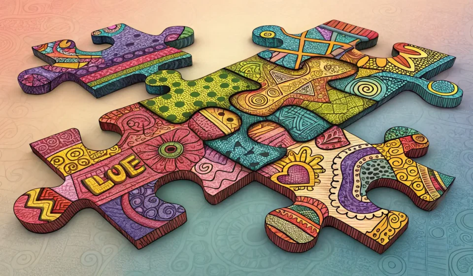 영어 문장 패턴 학습을 상징하는 다채로운 퍼즐 조각과 말풍선 아이콘 이미지