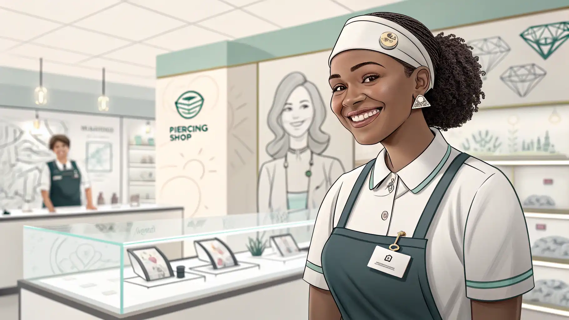 피어싱 샵 직원이 영어 회화 표현을 배우는 것을 상징하는 이미지.