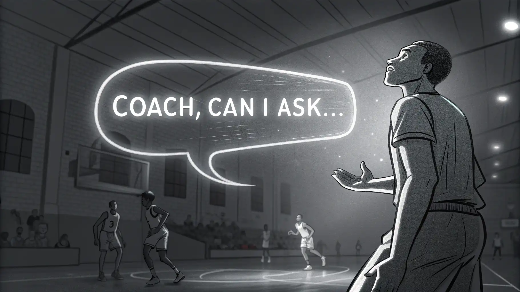농구 코트 위에 "Coach, can I ask..."라는 영어 표현이 적힌 빛나는 말풍선이 떠 있는 이미지, 스포츠 관련 영어 표현 학습 컨셉.