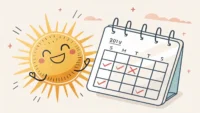 일요일 영어 표현 학습을 상징하는 해, 달력, 말풍선 아이콘 그래픽