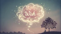 영어로 소원을 말하는 법 배우기 컨셉의 일러스트레이션: 'WISH' 글자와 별똥별, 민들레 홀씨 아이콘이 담긴 생각 풍선.