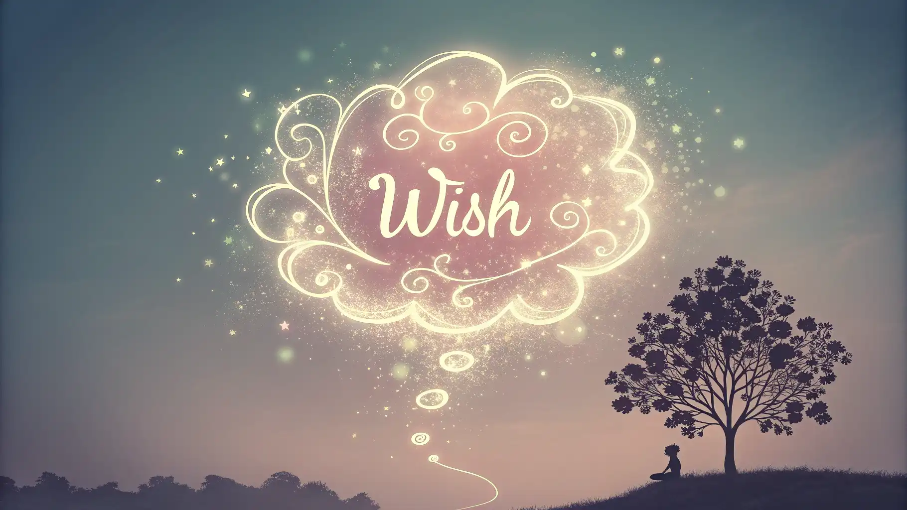 영어로 소원을 말하는 법 배우기 컨셉의 일러스트레이션: 'WISH' 글자와 별똥별, 민들레 홀씨 아이콘이 담긴 생각 풍선.