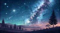 밤하늘의 별과 은하수 아래 영어 표현 학습을 상징하는 말풍선 아이콘이 떠 있는 일러스트레이션