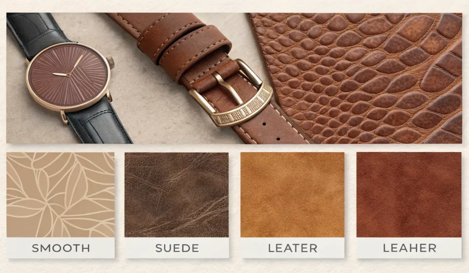 다양한 가죽 질감 샘플과 영어 학습을 상징하는 말풍선 아이콘