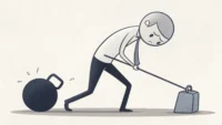 작은 아령 들기도 힘겨워하는데 옆에 놓인 거대한 아령은 엄두도 못 내는 모습을 통해 'let alone' 구문의 의미를 시각적으로 표현한 이미지.