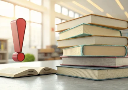 도서관 연체료 관련 영어 표현 학습을 상징하는 이미지: 책 더미 위 느낌표와 동전들