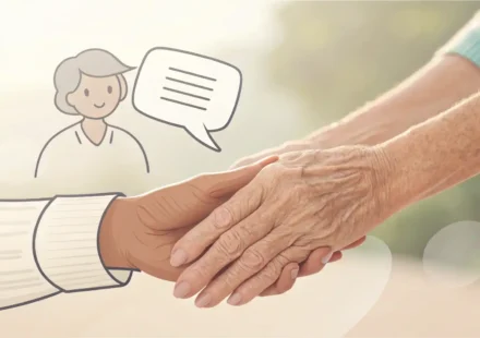 장기요양 관련 영어 표현 학습을 상징하는 이미지: 돌보는 손과 영어 국기가 포함된 말풍선 아이콘.