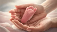 작은 아기의 발을 부드럽게 잡고 있는 어른의 손과 영어 학습을 상징하는 노트가 있는 이미지, 저체중아 관련 영어 표현 배우기