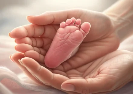 작은 아기의 발을 부드럽게 잡고 있는 어른의 손과 영어 학습을 상징하는 노트가 있는 이미지, 저체중아 관련 영어 표현 배우기