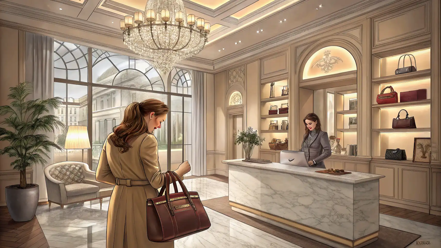 명품 매장 내부에서 직원이 고객에게 핸드백을 보여주며 영어로 대화하는 장면.