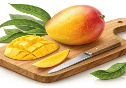 밝은 배경 위에 놓인 신선한 망고와 영어 회화 학습을 상징하는 말풍선 아이콘 이미지.