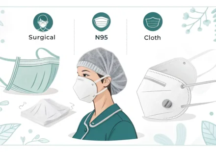 다양한 종류의 마스크와 영국 국기, 말풍선 아이콘이 함께 있는 이미지로, 마스크 관련 영어 표현 학습을 나타냄.
