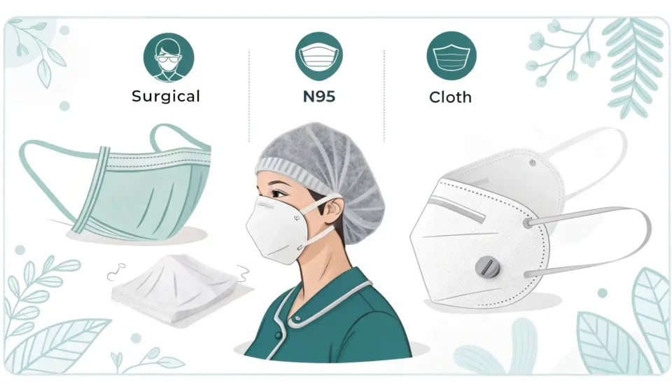 다양한 종류의 마스크와 영국 국기, 말풍선 아이콘이 함께 있는 이미지로, 마스크 관련 영어 표현 학습을 나타냄.