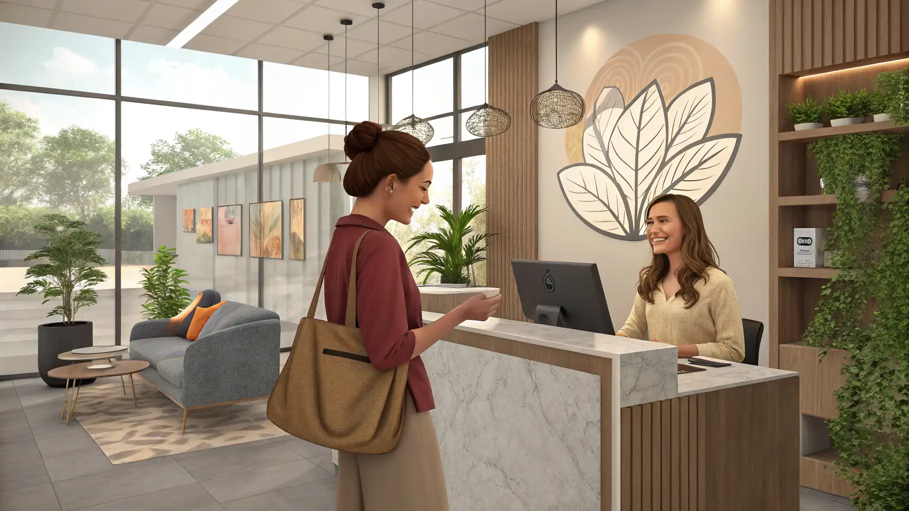 마사지샵 프론트 데스크에서 직원이 외국인 고객에게 영어로 서비스를 안내하는 대화 장면.