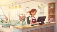 마사지샵 프론트 데스크에서 영어 표현을 배우는 컨셉의 일러스트레이션.