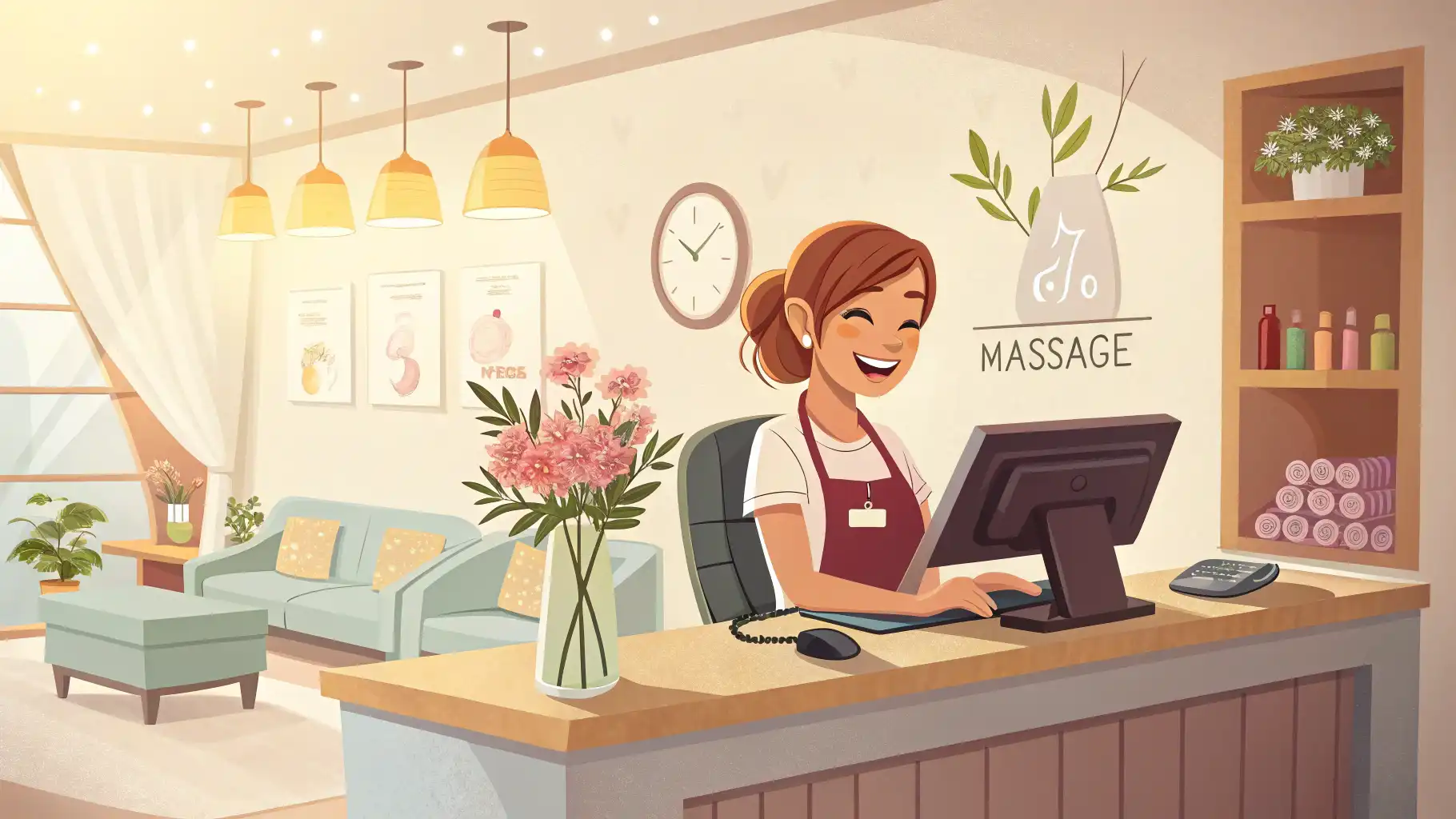 마사지샵 프론트 데스크에서 영어 표현을 배우는 컨셉의 일러스트레이션.