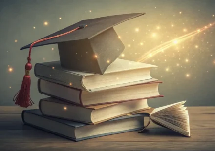 석사과정 유학 및 학업에 필요한 영어 표현 학습을 상징하는 졸업 모자, 책, 지구본 일러스트