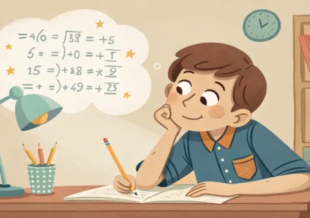 수학 학원 과제 점검 시 영어로 질문하는 상황을 나타내는 일러스트