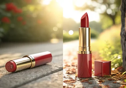반짝이는 립스틱과 무광 립스틱을 나란히 보여주며 '무광' 관련 영어 표현 학습을 상징하는 이미지
