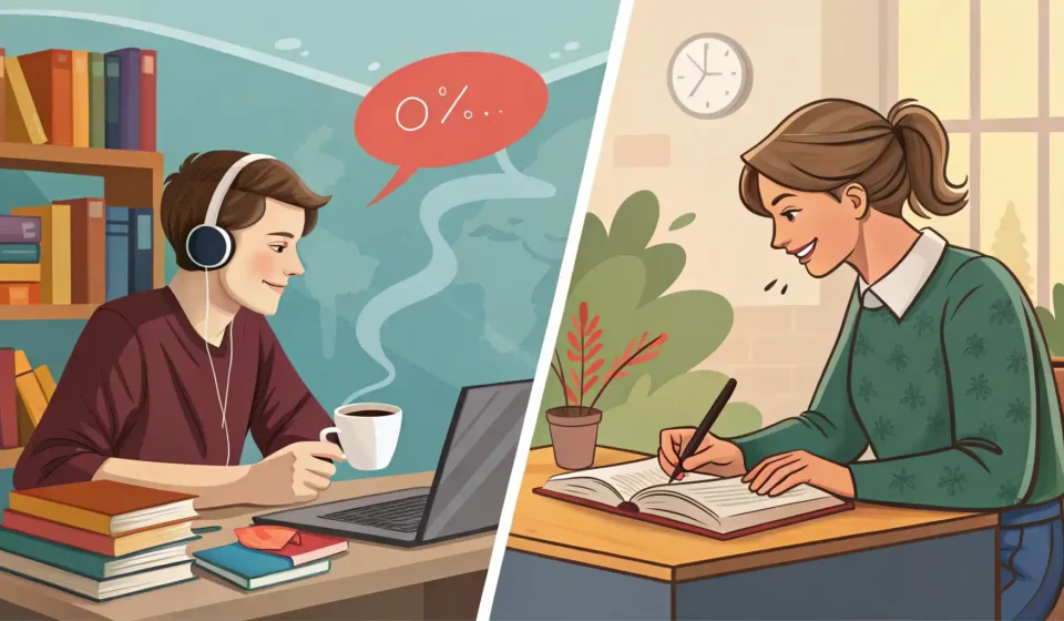 분할된 화면으로 한쪽은 영어 공부, 다른 한쪽은 다른 활동을 동시에 하는 모습을 보여주며 'Meanwhile'과 'At the same time'의 차이를 시각적으로 암시하는 이미...