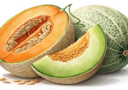 캔털루프와 허니듀 멜론 이미지와 함께 영어 표현 학습을 나타내는 아이콘.