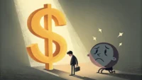 돈 기호($)가 말풍선 아이콘에 그림자를 드리워 영향력을 상징하며 영어 표현 'Money talks'를 시각적으로 나타내는 이미지