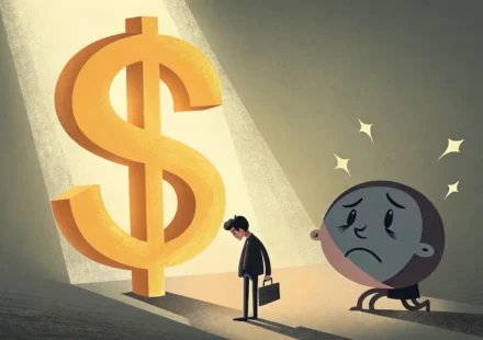 돈 기호($)가 말풍선 아이콘에 그림자를 드리워 영향력을 상징하며 영어 표현 'Money talks'를 시각적으로 나타내는 이미지