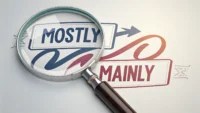 돋보기로 Mostly와 Mainly 단어의 미묘한 차이를 비교하고, 다른 영어 강조 표현들을 함께 보여주는 학습 썸네일 이미지.