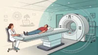 MRI 검사 관련 영어 표현 학습을 상징하는 MRI 기계와 뇌 아이콘 이미지