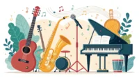 다양한 악기(기타, 피아노, 색소폰) 그림과 영어 학습을 상징하는 말풍선 및 전구 아이콘이 있는 이미지.