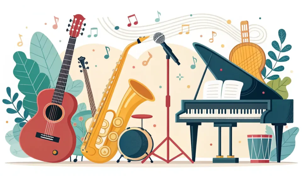 다양한 악기(기타, 피아노, 색소폰) 그림과 영어 학습을 상징하는 말풍선 및 전구 아이콘이 있는 이미지.