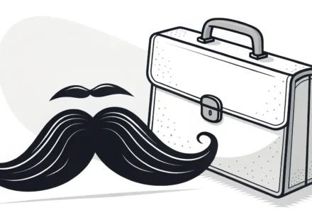 콧수염 모양 아이콘과 영어 학습(사전 또는 말풍선)을 상징하는 아이콘이 나란히 있는 이미지.